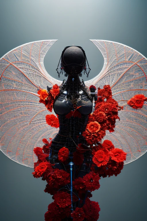 complex 3d render ultra detailed of a beautiful death angel, biomechanical cyborg, analog, 150 mm lens, beautiful natural soft rim light, big leaves and stems, roots, fine foliage lace, colorful details, samourai, Boris Bidjan Saberi outfit, pearl earring, piercing, art nouveau fashion embroidered, intricate details, mesh wire, mandelbrot fractal, anatomical, facial muscles, cable wires, microchip, badass, hyper realistic, ultra detailed, octane render, volumetric lighting, 8k post-production, red and white with a bit of black, detailled metalic bones, semi human, iridescent colors, Glenn Brown style, white room, power of the god, high-angle shot, complex body poses