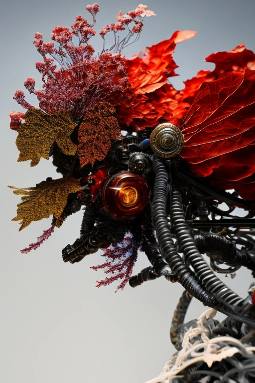 complex 3d render ultra detailed of a beautiful death angel, biomechanical cyborg, analog, 150 mm lens, beautiful natural soft rim light, big leaves and stems, roots, fine foliage lace, colorful details, samourai, Boris Bidjan Saberi outfit, pearl earring, piercing, art nouveau fashion embroidered, intricate details, mesh wire, mandelbrot fractal, anatomical, facial muscles, cable wires, microchip, badass, hyper realistic, ultra detailed, octane render, volumetric lighting, 8k post-production, red and white with a bit of black, detailled metalic bones, semi human, iridescent colors, Glenn Brown style, white room, power of the god, high-angle shot, complex body poses