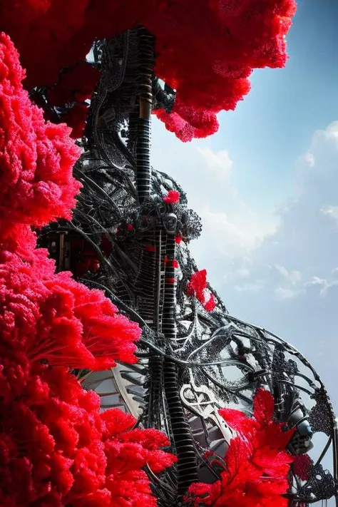 complex 3d render ultra detailed of a beautiful death angel, biomechanical cyborg, analog, 150 mm lens, beautiful natural soft rim light, big leaves and stems, roots, fine foliage lace, colorful details, samourai, Boris Bidjan Saberi outfit, pearl earring, piercing, art nouveau fashion embroidered, intricate details, mesh wire, mandelbrot fractal, anatomical, facial muscles, cable wires, microchip, badass, hyper realistic, ultra detailed, octane render, volumetric lighting, 8k post-production, red and white with a bit of black, detailled metalic bones, semi human, iridescent colors, Glenn Brown style, white room, power of the god, high-angle shot, complex body poses