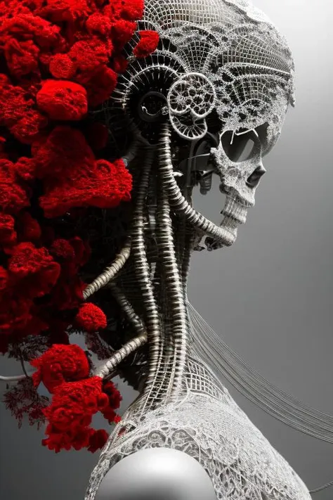 complex 3d render ultra detailed of a beautiful death angel, biomechanical cyborg, analog, 150 mm lens, beautiful natural soft rim light, big leaves and stems, roots, fine foliage lace, colorful details, samourai, Boris Bidjan Saberi outfit, pearl earring, piercing, art nouveau fashion embroidered, intricate details, mesh wire, mandelbrot fractal, anatomical, facial muscles, cable wires, microchip, badass, hyper realistic, ultra detailed, octane render,  volumetric lighting, 8k post-production, red and white with a bit of black, detailled metalic bones, semi human, iridescent colors, Glenn Brown style, white room, power of the god, high-angle shot, complex body poses