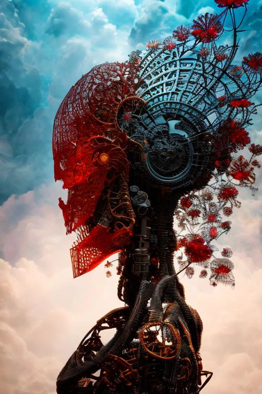 complex 3d render ultra detailed of a beautiful death angel, biomechanical cyborg, analog, 150 mm lens, beautiful natural soft rim light, big leaves and stems, roots, fine foliage lace, colorful details, samourai, Boris Bidjan Saberi outfit, pearl earring, piercing, art nouveau fashion embroidered, intricate details, mesh wire, mandelbrot fractal, anatomical, facial muscles, cable wires, microchip, badass, hyper realistic, ultra detailed, octane render, volumetric lighting, 8k post-production, red and white with a bit of black, detailled metalic bones, semi human, iridescent colors, Glenn Brown style, white room, power of the god, high-angle shot, complex body poses