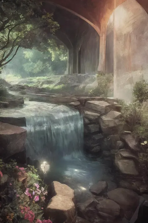 fantasy art, dreamy cottage, water stream, colorful flowers, pebbles, bush, setting sun.
<lora:epi_noiseoffset2:0.3>, best quality, masterpiece, highres, extremely detailed, sharp focus, cinematic lighting, vibrant colors,