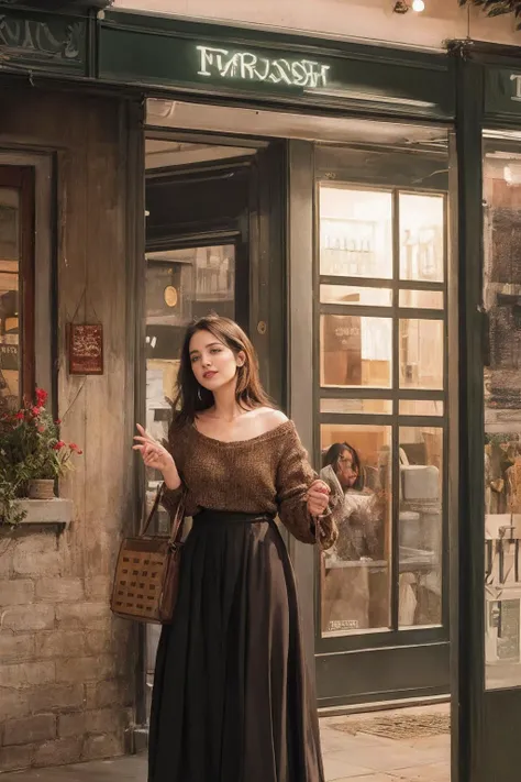 "In the tranquil night outside a bustling Irish pub, a scene unfolds under the soft glow of welcoming lights. Amidst the cozy ambiance, a beautiful lady clad in timeless Irish attire embarks on a whimsical pursuit, clutching a burlap bag in his weathered hands, as he endeavors to capture the elusive charm of a leprechaun, weaving an enchanting tale of folklore and merriment." Slyly giving a middle finger.