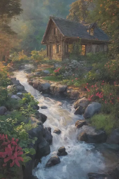 fantasy art, dreamy cottage, water stream, colorful flowers, pebbles, bush, setting sun.
<lora:epi_noiseoffset2:0.3>, best quality, masterpiece, highres, extremely detailed, sharp focus, cinematic lighting, vibrant colors,