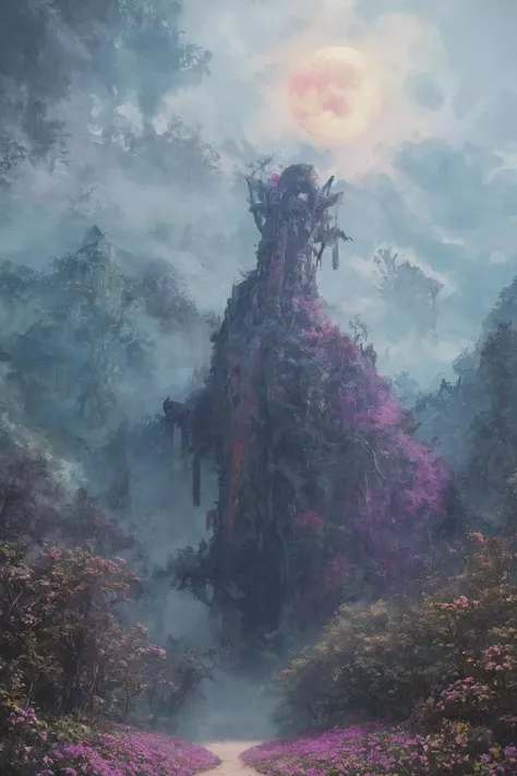 Concept Art,(masterpiece:0.3) high detailed,bright natural lighting,shadows,high contrast,a tropical Forest in alien planet,two big moons in sky,Old civilization ruins,seeing (mythical alien like not on earth plantations Neon lights on Flower kind plants) Trees plants and flowers from the ground,view from below,atmospheric dreamscape painting,dream scenery art,highly detailed visionary art,cgi style,vibrant oil painting,splash art,Cozy mystery,masterpiece 8k wallpapper,neoplasticism,Unreal Engine,dramatic lightingvines,overgrown,ink stains,ink splatters,ink runs,ink spots,faded ink,ral-dissolve,linquivera,liiv1,on parchment,
