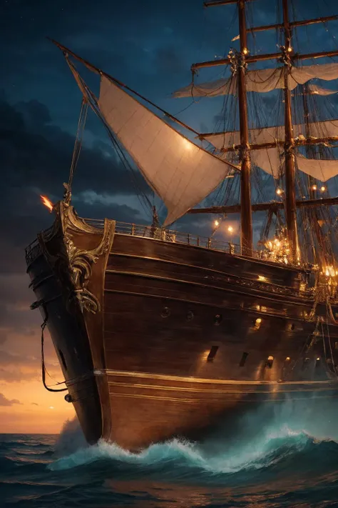 masterpiece, best quality, 32k, fantasy art Boris Vallego, night soft lighting, (highly detailed skin:1.2), ( highly detailed backgrounds:1.4), clear and sharp background and surroundings:1.4, ship Flying Dutchman, ocean depth, water, night, detailed textures, simple necklace, night lighting,