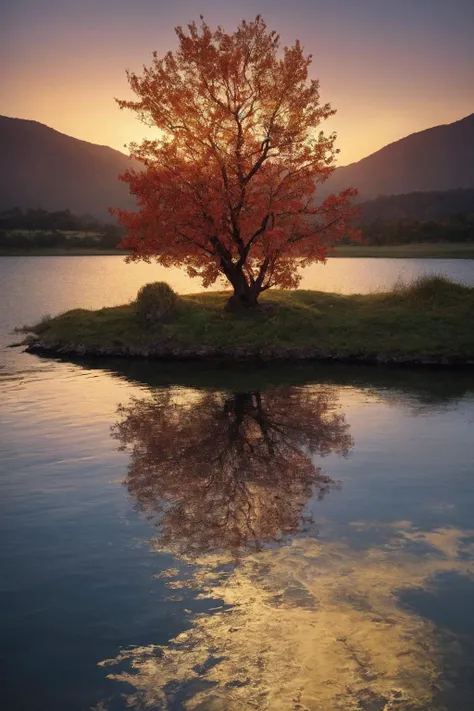 depict a cascaded landscape with low twilight red lights reflected on a beautiful lake surrounded by cascaded mountains. BREAK the tree of life illuminating red colored fumes, grounded in the middle of the lake casting its shadows across the scene.
ultra-realistic, mysterious, mystical, high dynamic range, 3 dimensional.