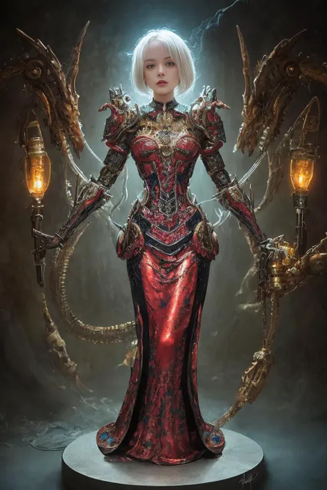 dreamscape An exquisite and breathtaking painting captures a delicate figurine, a porcelain ballerina, beautiful woman. The full-body standing figure appears to be suspended on a glowing pedestal, her light sparkling eyes seemingly alive with energy. Her intricate armor is composed of scaly gelatinous mosaic parts and delicate mechanical components that shine like LED lights in the dark. An old steampunk toy shop in the background, its dusty texture adding a sense of nostalgia and age to the scene. it showcases the beauty and complexity of steampunk aesthetics like never before. vibrant colors, style of Piotr Foksowicz and Andrew Ferez, surreal, ethereal, dreamy, mysterious, fantasy, highly detailed,