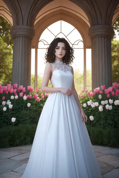 A captivating, conceptual artwork featuring a beautiful 18yo girl with curly hair. The appears to be a blend of beauty and mythical elements. The girl's dress is meticulously crafted from delicate white rose petals, resulting in a symphony of vibrant colors that blend harmoniously with the surroundings. The lush tulip garden serves as the backdrop, exuding elegance and serenity. The soft lighting casts a romantic ambiance, while the graffiti adds an unexpected charming scenery, creating a charming and enchanting scene. painting, conceptual art, cinematic, fashion, graffiti, illustration, 3d render,