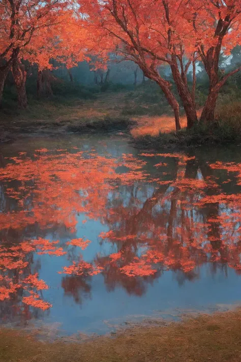 depict a cascaded landscape with low twilight red lights reflected on a beautiful lake surrounded by cascaded mountains. BREAK the tree of life illuminating red colored fumes, grounded in the middle of the lake casting its shadows across the scene.
ultra-realistic, mysterious, mystical, high dynamic range, 3 dimensional.