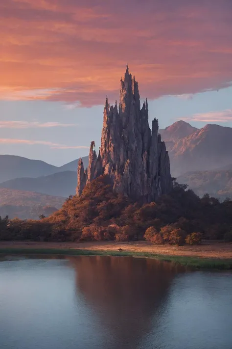 depict a cascaded landscape with low twilight red lights reflected on a beautiful lake surrounded by cascaded mountains. BREAK the tree of life illuminating red colored fumes, grounded in the middle of the lake casting its shadows across the scene.
ultra-realistic, mysterious, mystical, high dynamic range, 3 dimensional.