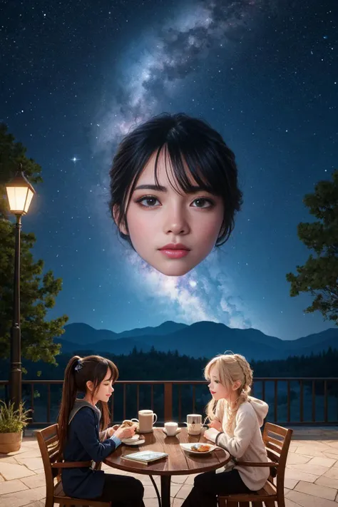 two mugs with cute 3d character faces, filled with coffee, sharing a cozy moment together on a fantasy art wall, at night, bright spotlight, bright sky, nebula, galaxy,