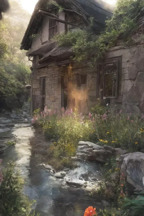 fantasy art, dreamy cottage, water stream, colorful flowers, pebbles, bush, setting sun.
<lora:epi_noiseoffset2:0.3>, best quality, masterpiece, highres, extremely detailed, sharp focus, cinematic lighting, vibrant colors,