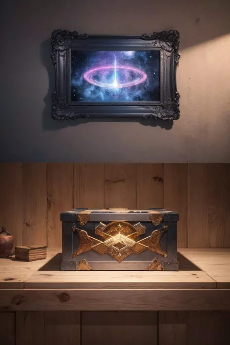 Dynamic view of a holographic magical mystery box, detailed frame, painting looks to be life like, hanging on a wall, magical multicolored ink, high quality, imagination, 8k, fantasy art, vivid magical colors,
