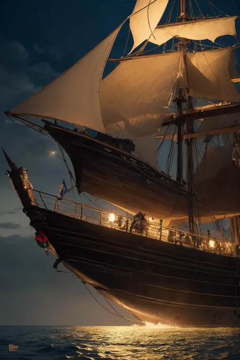 masterpiece, best quality, 32k, fantasy art Boris Vallego, night soft lighting, (highly detailed skin:1.2), ( highly detailed backgrounds:1.4), clear and sharp background and surroundings:1.4, ship Flying Dutchman, ocean depth, water, night, detailed textures, simple necklace, night lighting,