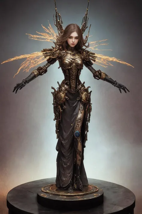 dreamscape An exquisite and breathtaking painting captures a delicate figurine, a porcelain ballerina, beautiful woman. The full-body standing figure appears to be suspended on a glowing pedestal, her light sparkling eyes seemingly alive with energy. Her intricate armor is composed of scaly gelatinous mosaic parts and delicate mechanical components that shine like LED lights in the dark. An old steampunk toy shop in the background, its dusty texture adding a sense of nostalgia and age to the scene. it showcases the beauty and complexity of steampunk aesthetics like never before. vibrant colors, style of Piotr Foksowicz and Andrew Ferez, surreal, ethereal, dreamy, mysterious, fantasy, highly detailed,