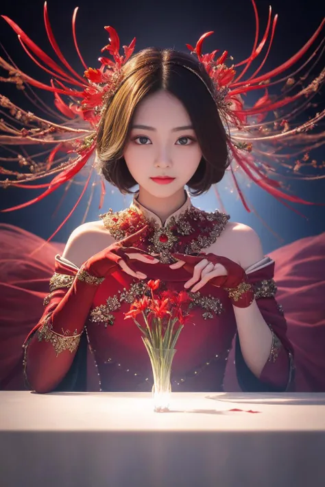 ((detailed)), ((masterpiece)), ((best quality)), (Exquisite), (Enchanting), (Elegant), (Lycoris radiata), Flower, Conceptual, Non-figurative, Controlled illumination, Photography lighting, Controlled light, Distant subjects, Extreme reach,