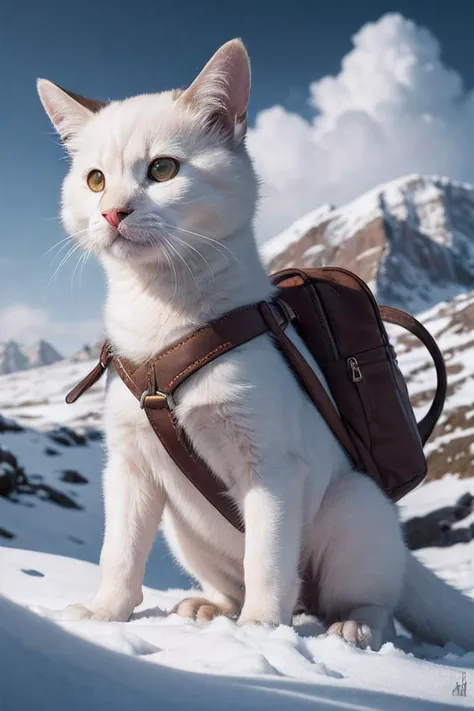 Adventurous cute (beautiful supermodel), orientalism, donned a tiny explorerâs hat and carried a mini backpack, walk in wild snowy mountains, detailed fur, by Jean-Baptiste Monge, Gilles Beloeil, Tyler Edlin, Marek Okon, Pixar, 8k, album art, comic style, golden ratio, perfect composition, a masterpiece, trending on artstation, extreme close up, shot from below. High dynamic range, vivid, rich details, clear shadows and highlights, realistic, intense, enhanced contrast, highly detailed.