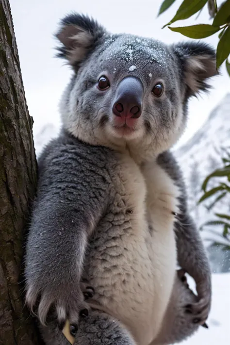 Adventurous cute funny koala, donned a tiny explorerâs hat and carried a mini backpack, walk in wild snowy mountains, detailed fur, by Jean-Baptiste Monge, Gilles Beloeil, Tyler Edlin, Marek Okon, Pixar, 8k, album art, comic style, golden ratio, perfect composition, a masterpiece, trending on artstation, extreme close up, shot from below. High dynamic range, vivid, rich details, clear shadows and highlights, realistic, intense, enhanced contrast, highly detailed.