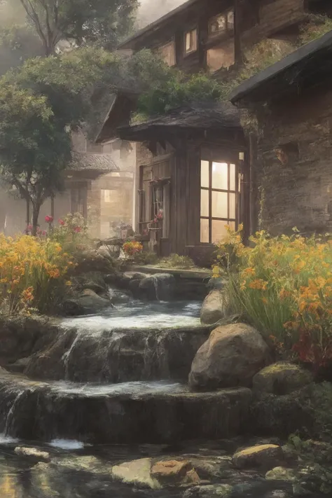 fantasy art, dreamy cottage, water stream, colorful flowers, pebbles, bush, setting sun.
<lora:epi_noiseoffset2:0.3>, best quality, masterpiece, highres, extremely detailed, sharp focus, cinematic lighting, vibrant colors,