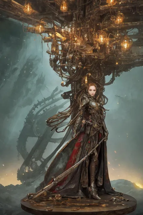 dreamscape An exquisite and breathtaking painting captures a delicate figurine, a porcelain ballerina, beautiful woman. The full-body standing figure appears to be suspended on a glowing pedestal, her light sparkling eyes seemingly alive with energy. Her intricate armor is composed of scaly gelatinous mosaic parts and delicate mechanical components that shine like LED lights in the dark. An old steampunk toy shop in the background, its dusty texture adding a sense of nostalgia and age to the scene. it showcases the beauty and complexity of steampunk aesthetics like never before. vibrant colors, style of Piotr Foksowicz and Andrew Ferez, surreal, ethereal, dreamy, mysterious, fantasy, highly detailed,