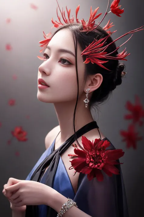 ((detailed)), ((masterpiece)), ((best quality)), (Exquisite), (Enchanting), (Elegant), (Lycoris radiata), Flower, Conceptual, Non-figurative, Controlled illumination, Photography lighting, Controlled light, Distant subjects, Extreme reach,