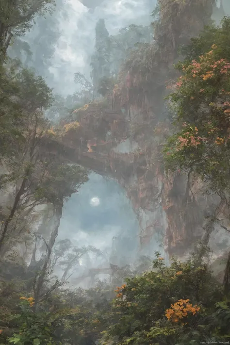 Concept Art,(masterpiece:0.3) high detailed,bright natural lighting,shadows,high contrast,a tropical Forest in alien planet,two big moons in sky,Old civilization ruins,seeing (mythical alien like not on earth plantations Neon lights on Flower kind plants) Trees plants and flowers from the ground,view from below,atmospheric dreamscape painting,dream scenery art,highly detailed visionary art,cgi style,vibrant oil painting,splash art,Cozy mystery,masterpiece 8k wallpapper,neoplasticism,Unreal Engine,dramatic lightingvines,overgrown,ink stains,ink splatters,ink runs,ink spots,faded ink,ral-dissolve,linquivera,liiv1,on parchment,
