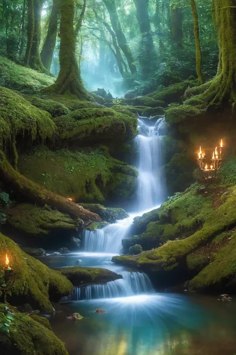 enchanted forest at twilight, ethereal light filtering through ancient towering trees, vividly detailed lush undergrowth, mystical creatures lurking in the shadows, sparkling fairy lights weaving through the foliage, a crystal-clear stream with water so pure it glows, cascading waterfall in the background with magical properties, fantasy wildlife drinking at the water's edge, highly detailed, photorealistic textures on every surface, soft diffused lighting creating a serene atmosphere, high dynamic range, ultra HD 8K resolution, depth of field emphasizing the magical focus points, art by Thomas Kinkade and Roger Dean, immersive, otherworldly beauty captured in cinematic quality,