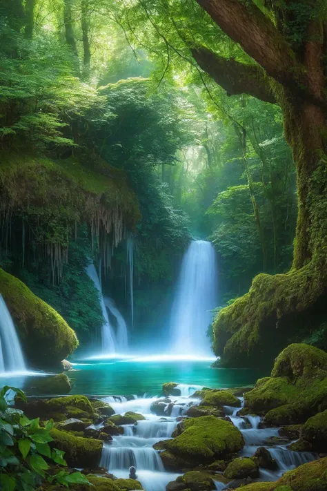 enchanted forest at twilight, ethereal light filtering through ancient towering trees, vividly detailed lush undergrowth, mystical creatures lurking in the shadows, sparkling fairy lights weaving through the foliage, a crystal-clear stream with water so pure it glows, cascading waterfall in the background with magical properties, fantasy wildlife drinking at the water's edge, highly detailed, photorealistic textures on every surface, soft diffused lighting creating a serene atmosphere, high dynamic range, ultra HD 8K resolution, depth of field emphasizing the magical focus points, art by Thomas Kinkade and Roger Dean, immersive, otherworldly beauty captured in cinematic quality,
