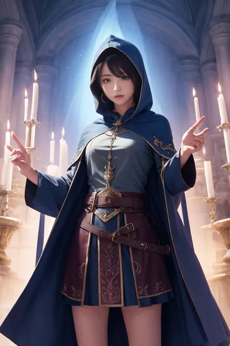 watercolor photo on parchment. In the midst of a fantasy dungeon, a mysterious female healer. Mystic power. light Canvas toge. light canvas hood. no weapon. empty hands. upper thighs shot,
