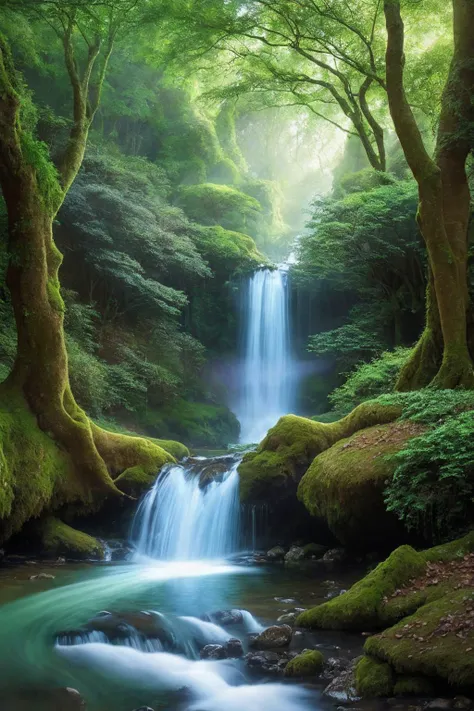 enchanted forest at twilight, ethereal light filtering through ancient towering trees, vividly detailed lush undergrowth, mystical creatures lurking in the shadows, sparkling fairy lights weaving through the foliage, a crystal-clear stream with water so pure it glows, cascading waterfall in the background with magical properties, fantasy wildlife drinking at the water's edge, highly detailed, photorealistic textures on every surface, soft diffused lighting creating a serene atmosphere, high dynamic range, ultra HD 8K resolution, depth of field emphasizing the magical focus points, art by Thomas Kinkade and Roger Dean, immersive, otherworldly beauty captured in cinematic quality,