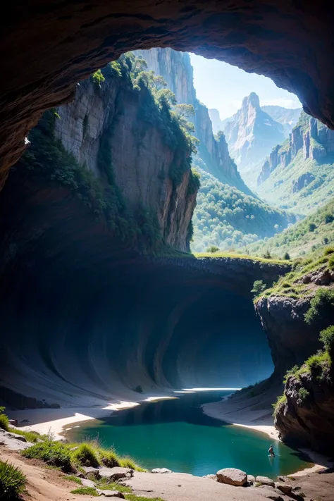 A Legit White Woman, Dancing naked view from behind inside an underground cave with a lake in the background. 23 anos de idade. in 8K high definition. Foto realista. perfect strokes. Perfect hands and face. The area is very hairy