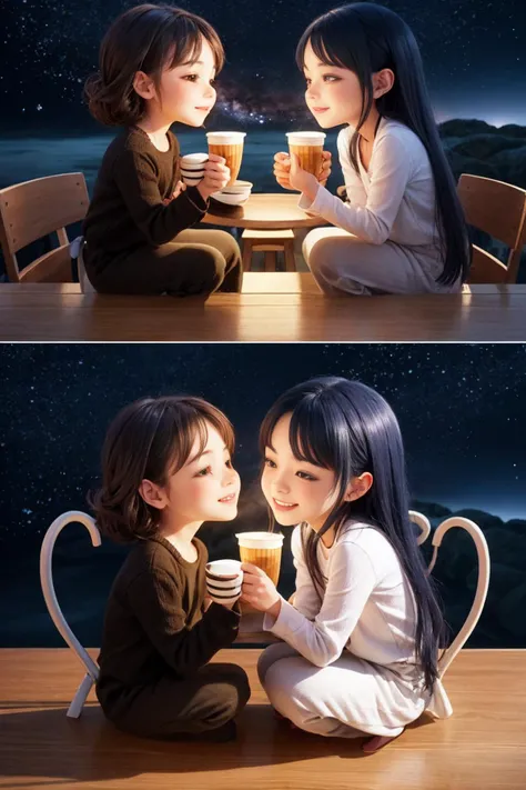 two mugs with cute 3d character faces, filled with coffee, sharing a cozy moment together on a fantasy art wall, at night, bright spotlight, bright sky, nebula, galaxy,