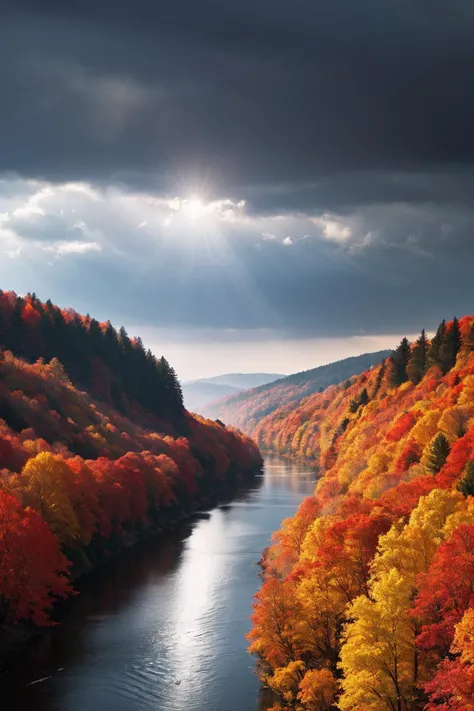 a river runs through a beautiful and colorful fairy tale valley, thick autumn forest, Huge majestic gothic castle, storm, tornado, haze, magic, sun beams, masterpiece, 8k, award winning, high quality, best quality, cinematic, intense lighting, vivid colors, extremely detailed,