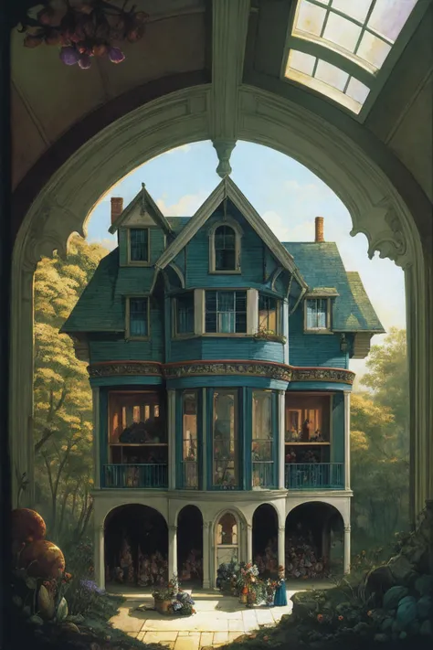 full frame shot, a fussy house with windows and stuff on it's side and people inside, Daniel Merriam, fairy tale illustration, a storybook illustration, art, magical deep shadows, ultra-realism,
