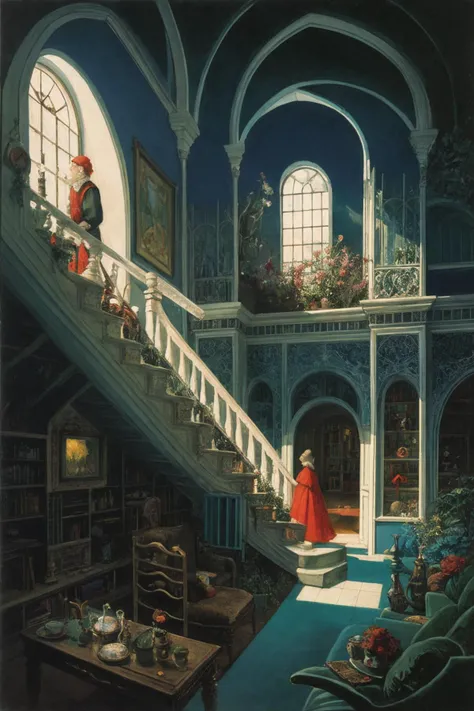 full frame shot, a fussy house with windows and stuff on it's side and people inside, Daniel Merriam, fairy tale illustration, a storybook illustration, art, magical deep shadows, ultra-realism,