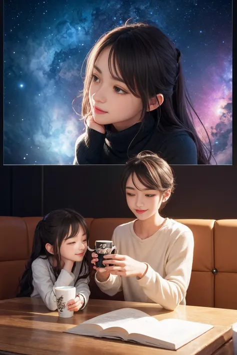 two mugs with cute 3d character faces, filled with coffee, sharing a cozy moment together on a fantasy art wall, at night, bright spotlight, bright sky, nebula, galaxy,