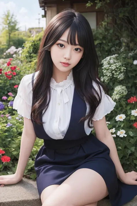 (masterpiece, best quality:1.4), best quality, high resolution, highly detailed, (beautiful cute face), [clear and clean] pixiv (illustration), long hair, looking at viewer, garden, front lens, thighs,
