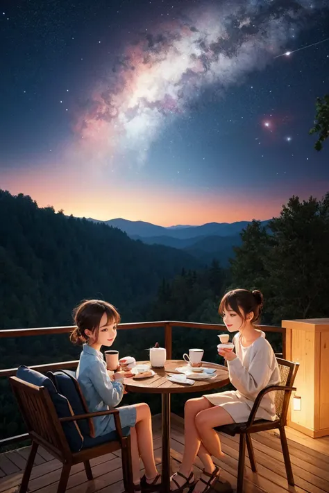 two mugs with cute 3d character faces, filled with coffee, sharing a cozy moment together on a fantasy art wall, at night, bright spotlight, bright sky, nebula, galaxy,