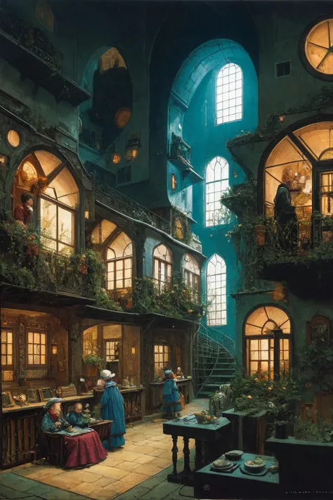 full frame shot, a fussy house with windows and stuff on it's side and people inside, Daniel Merriam, fairy tale illustration, a storybook illustration, art, magical deep shadows, ultra-realism,