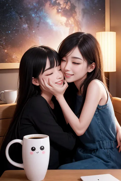 two mugs with cute 3d character faces, filled with coffee, sharing a cozy moment together on a fantasy art wall, at night, bright spotlight, bright sky, nebula, galaxy,