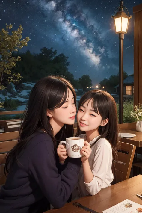 two mugs with cute 3d character faces, filled with coffee, sharing a cozy moment together on a fantasy art wall, at night, bright spotlight, bright sky, nebula, galaxy,