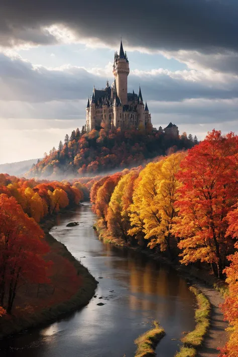 a river runs through a beautiful and colorful fairy tale valley, thick autumn forest, Huge majestic gothic castle, storm, tornado, haze, magic, sun beams, masterpiece, 8k, award winning, high quality, best quality, cinematic, intense lighting, vivid colors, extremely detailed,