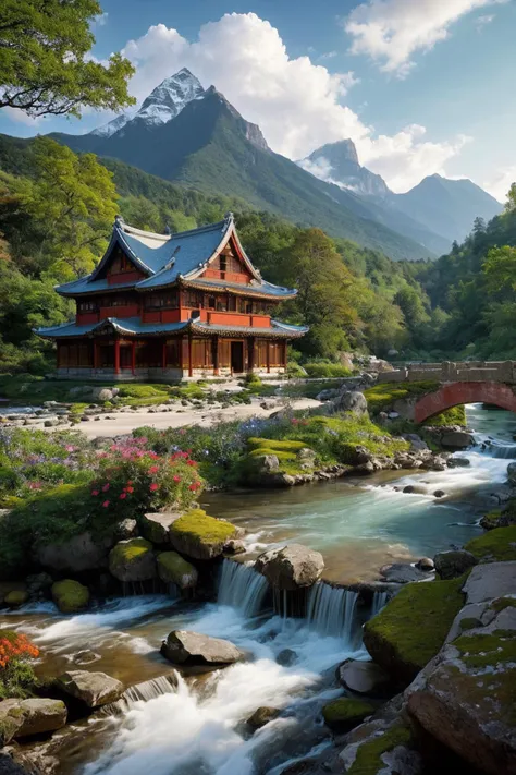 (fractal art), (colorful colors),
A stone house combining ancient Chinese and Western architectural styles beside a stream, clouds, mountains, waterfalls, small bridges, trees, flowers, castles,
(masterpiece, top quality, best quality, official art, beautiful and aesthetic:1.2),
