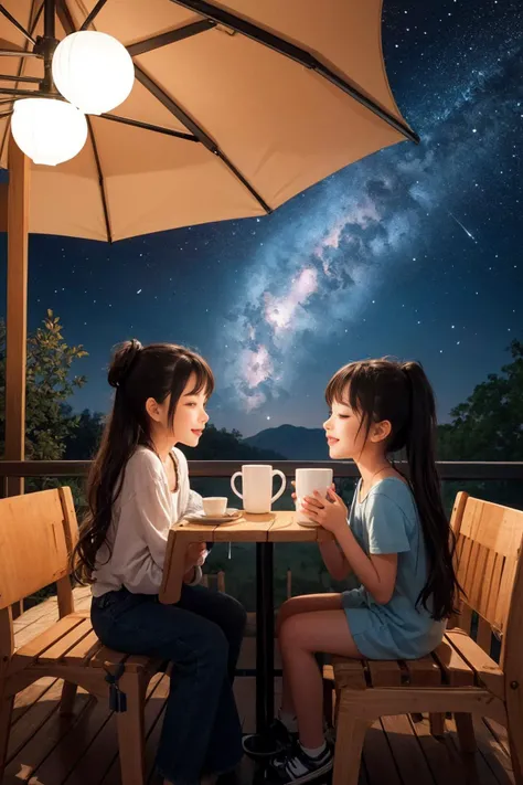 two mugs with cute 3d character faces, filled with coffee, sharing a cozy moment together on a fantasy art wall, at night, bright spotlight, bright sky, nebula, galaxy,