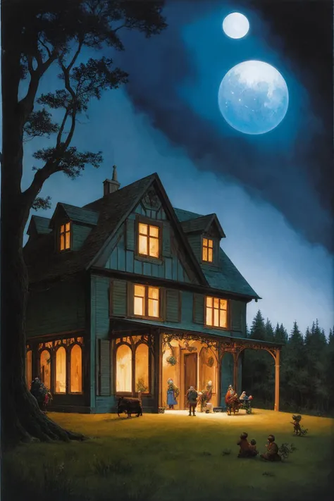 full frame shot, a fussy house with windows and stuff on it's side and people inside, Daniel Merriam, fairy tale illustration, a storybook illustration, art, magical deep shadows, ultra-realism,