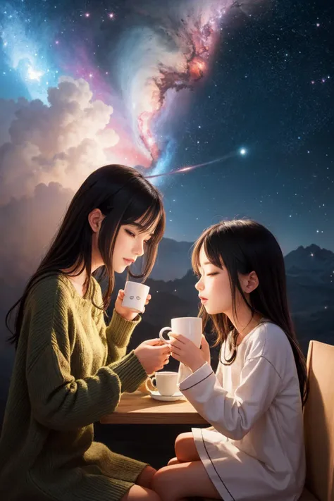 two mugs with cute 3d character faces, filled with coffee, sharing a cozy moment together on a fantasy art wall, at night, bright spotlight, bright sky, nebula, galaxy,
