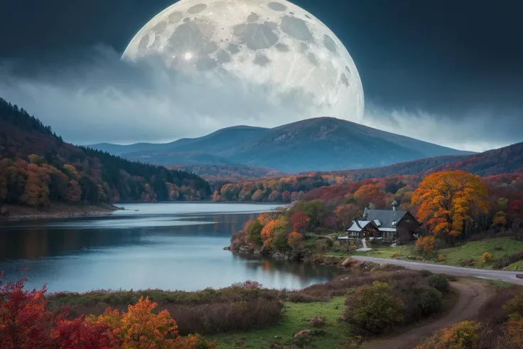 real world, (hyperrealism:1.1), (scales of extreme detail:1.3), best quality, dingdall effect,
photo RAW, (autumn, mountains and a storm lake with a moon in the sky, old wooden slab home, 4k highly detailed digital art, 4 k hd wallpaper very detailed, impressive fantasy landscape, sci-fi fantasy desktop wallpaper, 4k wallpaper, 4k detailed hdr photography, sci-fi fantasy wallpaper, epic dreamlike fantasy landscape, 4k hd matte, 8k, Realistic, realism, hd, 35mm photograph, 8k), masterpiece, award winning photography, natural light, perfect composition, high detail, hyper realistic, (composition centering, conceptual photography), realistic, detailed, balanced, by Trey Ratcliff, Klaus Herrmann, Serge Ramelli, Jimmy McIntyre, Elia Locardi, embedding:OverallDetail,