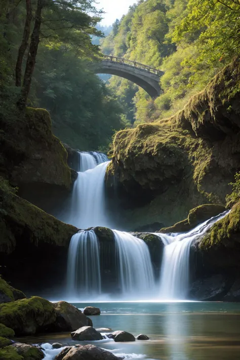 Hyperrealistic art a waterfall in the forest with a bridge over it, a matte painting by Michael James Smith, shutterstock contest winner, magic realism, beautiful stunning waterfall, peaceful beautiful waterfall, stunning waterfall . Extremely high-resolution details, photographic, realism pushed to extreme, fine texture, incredibly lifelike,