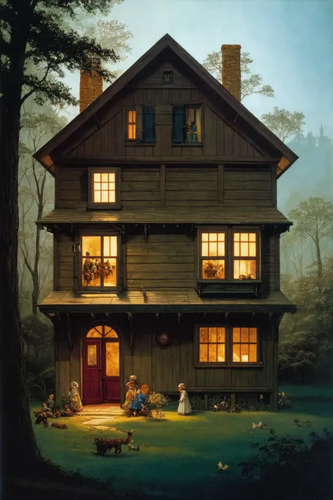 full frame shot, a fussy house with windows and stuff on it's side and people inside, Daniel Merriam, fairy tale illustration, a storybook illustration, art, magical deep shadows, ultra-realism,
